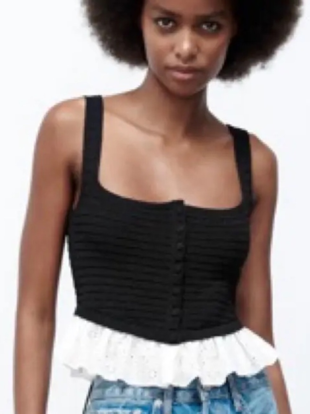 EUC Zara Black Knit Crop Tank with White Eyelet Ruffle Hem So Cute!